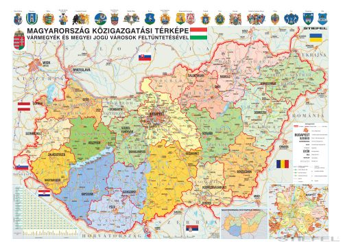 Magyarország közigazgatása iskolai földrajzi falitérkép vármegyék és megyei jogú városok feltüntetésével (200 x 140 cm) 2023