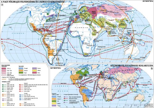 A nagy földrajzi felfedezések és a korai gyarmatosítás - Az újkori világgazdaság kialakulása (160 x 120 cm) iskolai történelmi falitérkép